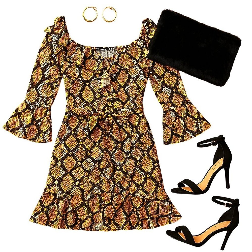 Boohoo Snakeskin Print Ruffle Mini Dress Long Sleeve Bold Party Fashion Look - Picture 1 of 15